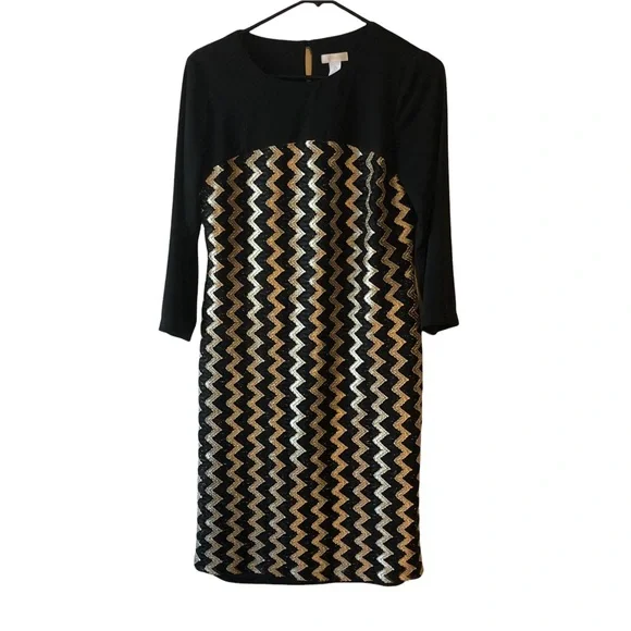 Chicos 0 Metallic Gold and Black Zig Zag Pattern Dress Chicos 0 Metallic Gold and Black Zig Zag Pattern Dress